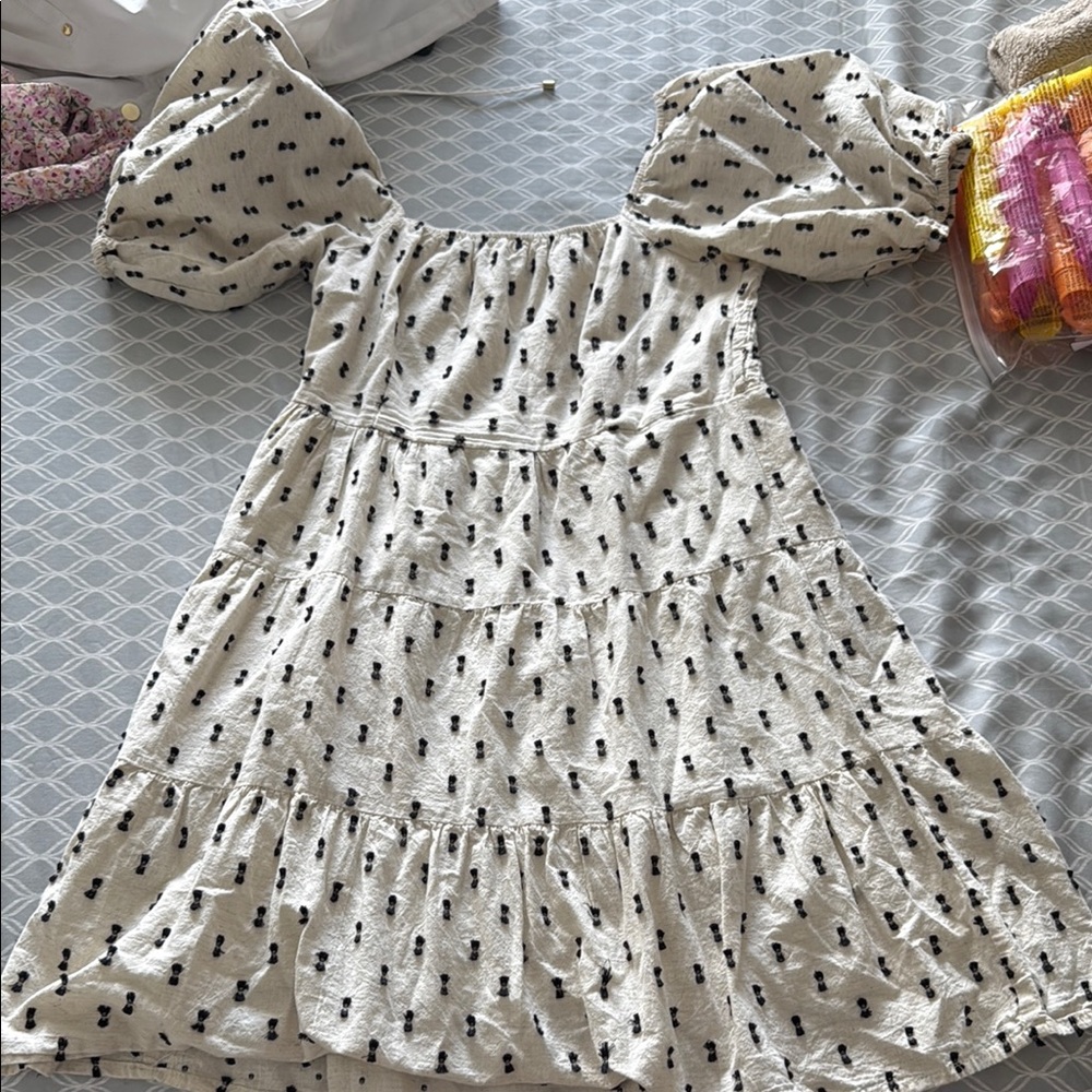 White and Black Smocked Puff Sleeve Sundress